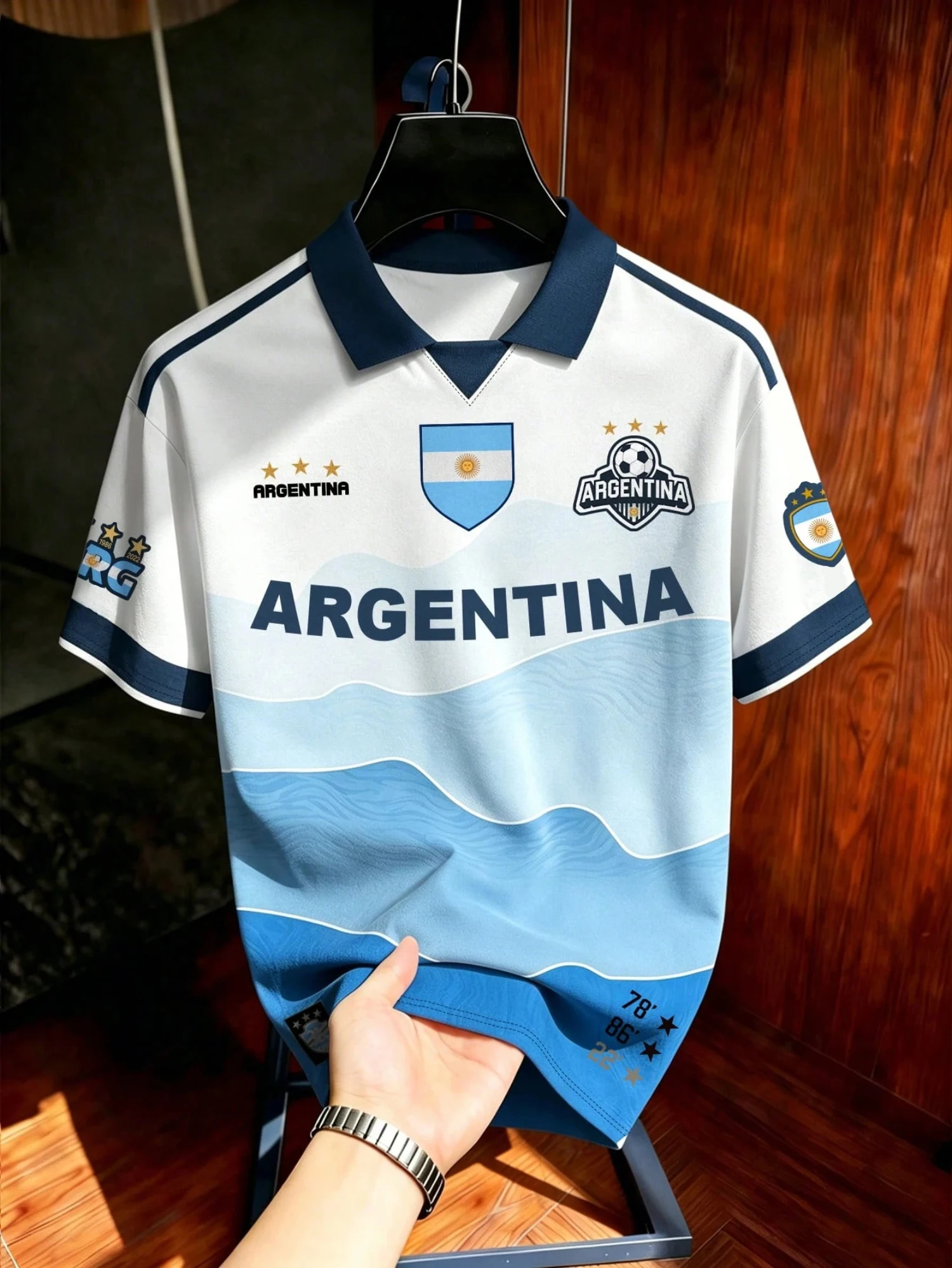 Men's Summer T Shirt Argentina Wave Gradient Print Polo Collar Short Sleeve Soccer Jersey Sport Top Football Supporters Wear