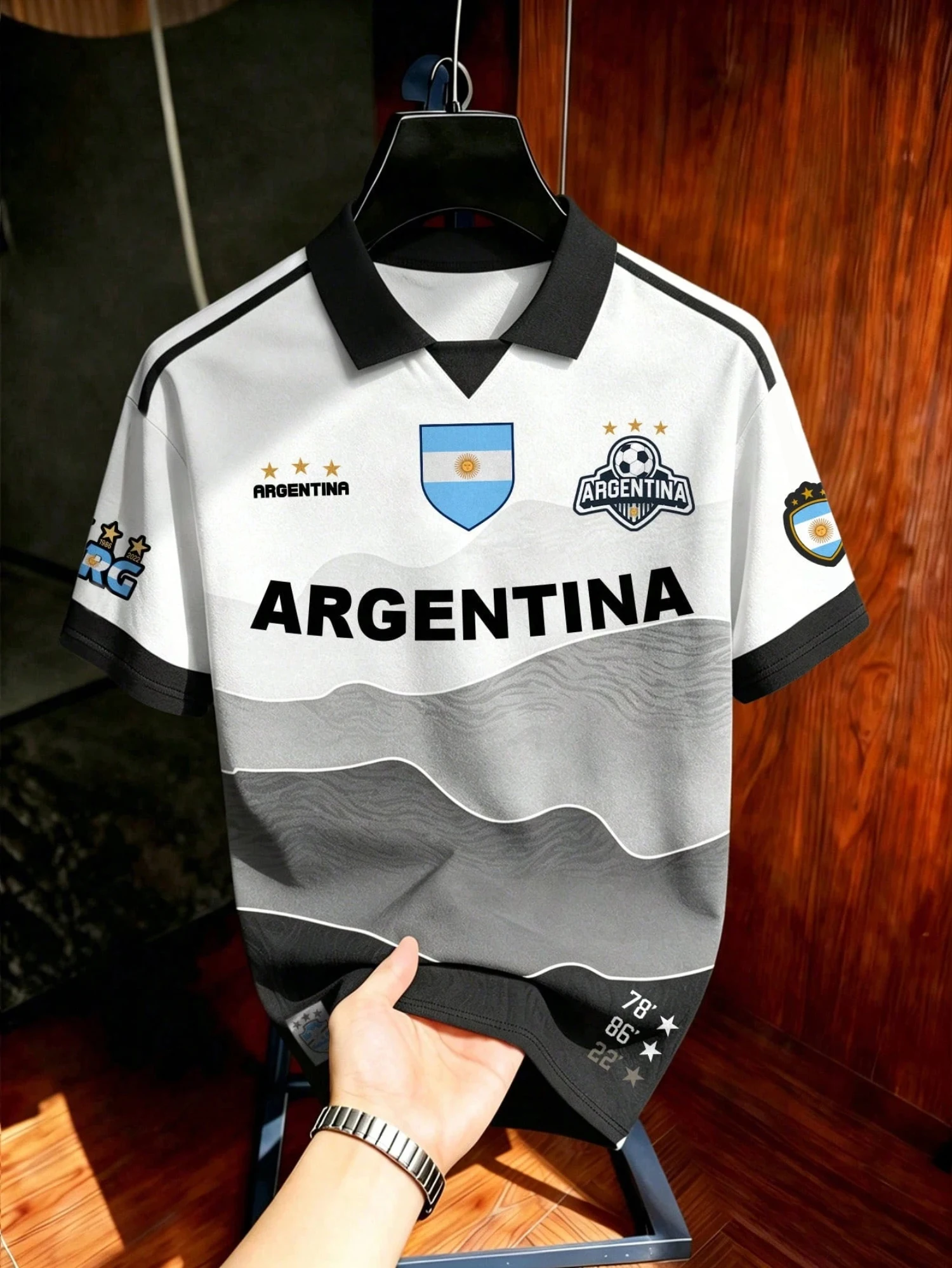 Men's Summer T Shirt Argentina Wave Gradient Print Polo Collar Short Sleeve Soccer Jersey Sport Top Football Supporters Wear