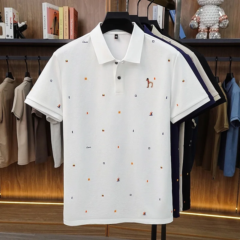 Classic Trend Man New Short-Sleeved Polo Shirt Lapel Button Multi-pattern Letter Animal Embroidery Ventilate Snug Men's Clothing