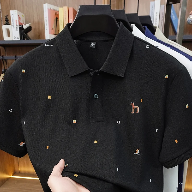 Classic Trend Man New Short-Sleeved Polo Shirt Lapel Button Multi-pattern Letter Animal Embroidery Ventilate Snug Men's Clothing