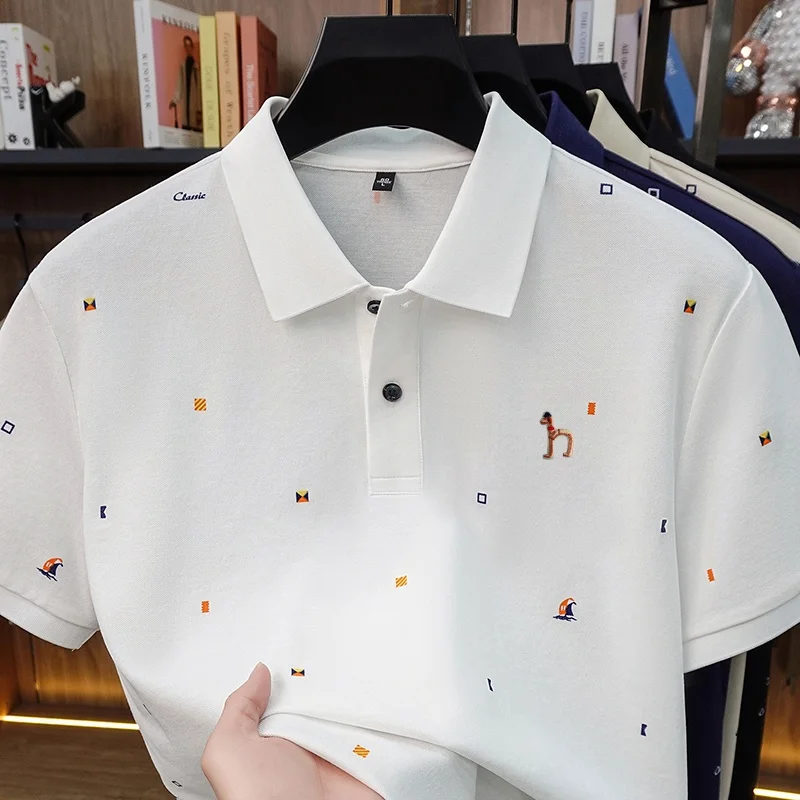 Classic Trend Man New Short-Sleeved Polo Shirt Lapel Button Multi-pattern Letter Animal Embroidery Ventilate Snug Men's Clothing