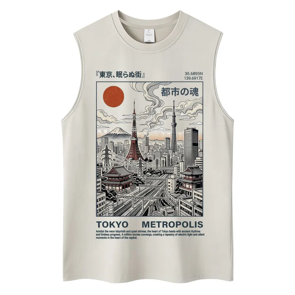 Washed Japanese Style Hokkaido Wave Tokyo Tank Tops Men Women Harajuku Fashion Vintage Sleeveless T Shirt Loose Cotton Y2k Vests