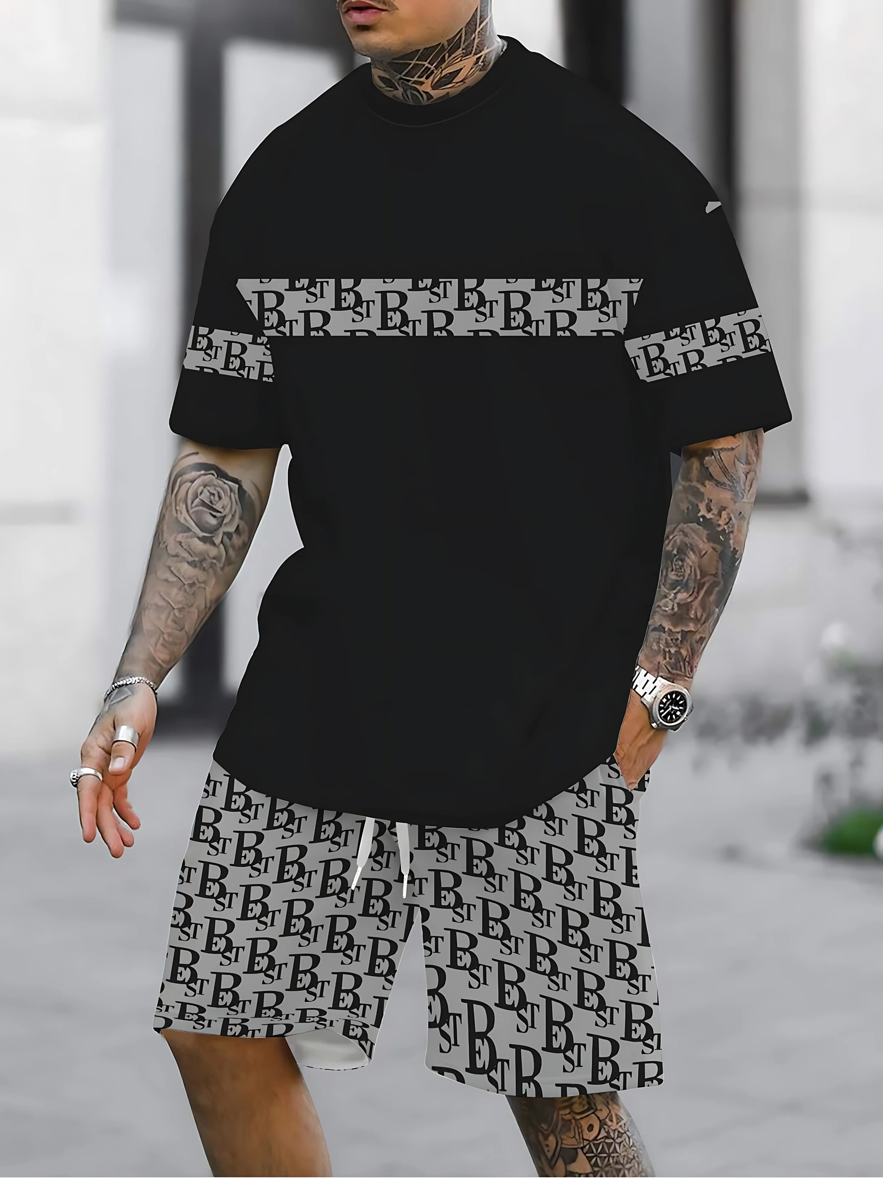2026 Summer New Men's Short-Sleeved Set with 3D Stripes Pattern Print - Street Casual Fashion Comfortable and Soft
