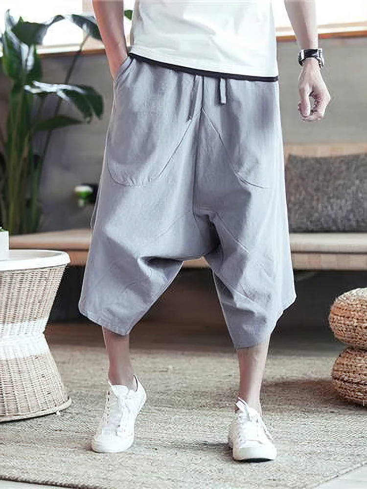 Summer Thin Beach Cotton Linen Casual Shorts Men Japenese Wide Leg Baggy Capris Pants Male Sport Running Shorts 2025 New