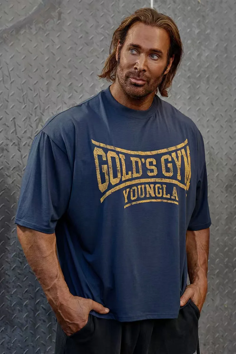 Men's Oversized Vintage Cracked Print T-Shirt Gym Workout Bodybuilding Short Sleeve Fitness Tops Breathable Loose Fit Muscle Tra