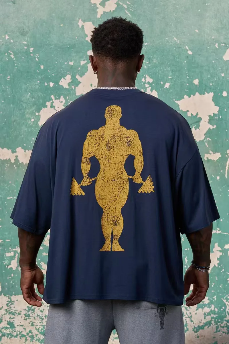 Men's Oversized Vintage Cracked Print T-Shirt Gym Workout Bodybuilding Short Sleeve Fitness Tops Breathable Loose Fit Muscle Tra