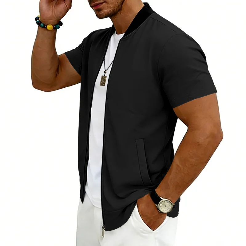 2026 American Summer Men's Stand Collar Thin Sports Short Sleeve Flight Zipper Baseball Jersey Jacket