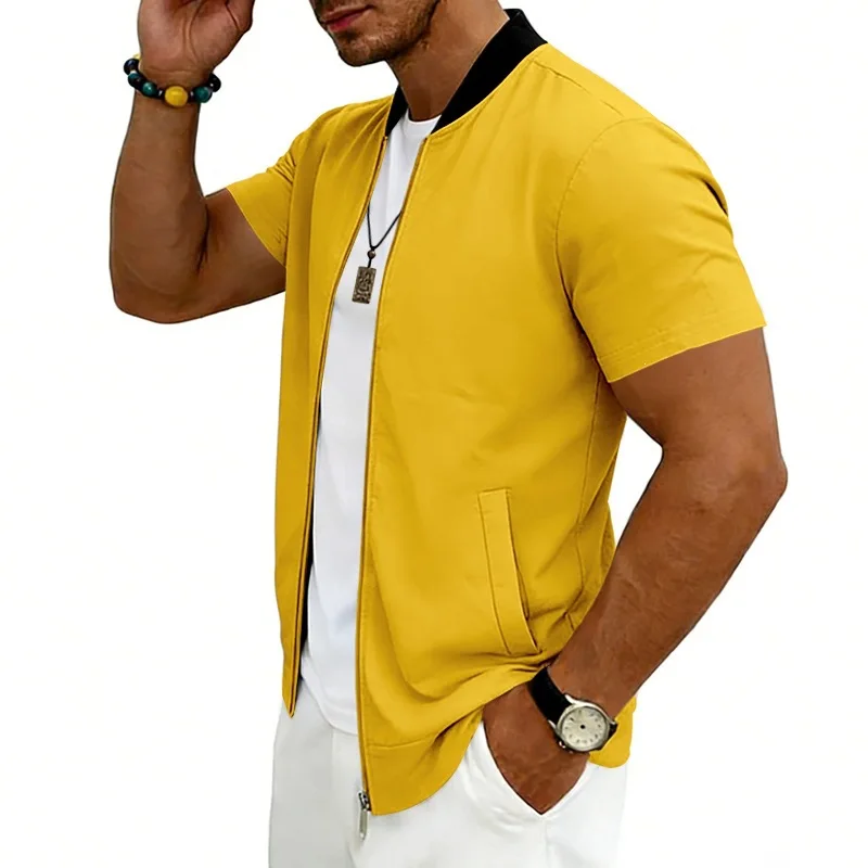 2026 American Summer Men's Stand Collar Thin Sports Short Sleeve Flight Zipper Baseball Jersey Jacket