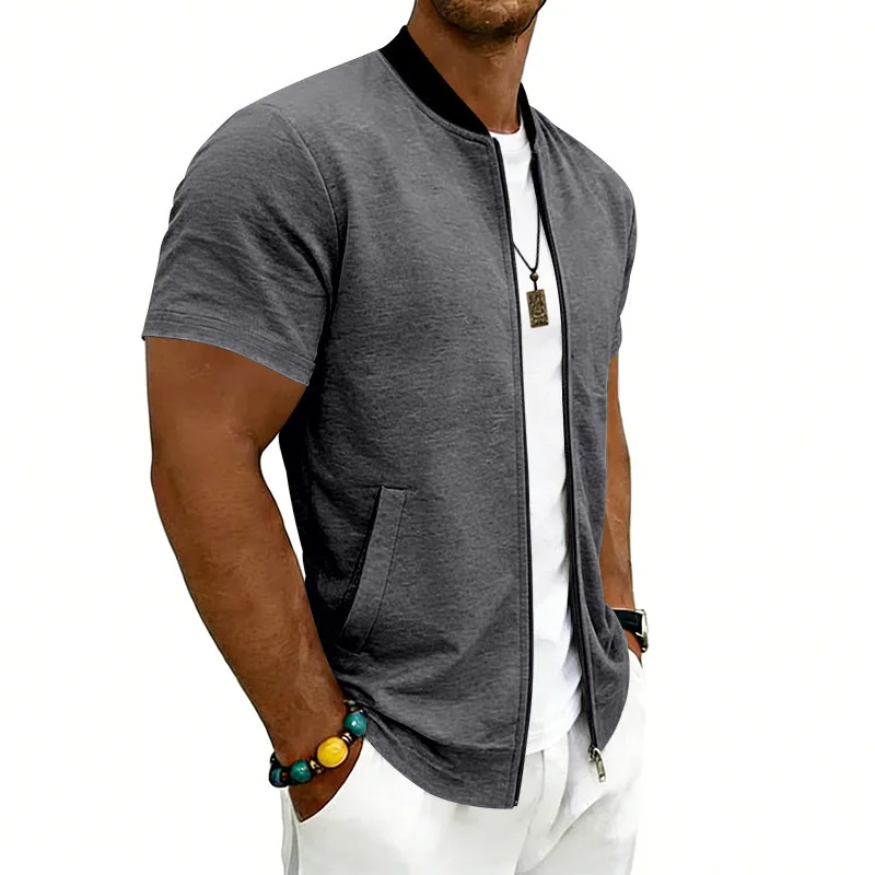 2026 American Summer Men's Stand Collar Thin Sports Short Sleeve Flight Zipper Baseball Jersey Jacket