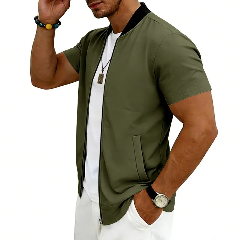 2026 American Summer Men's Stand Collar Thin Sports Short Sleeve Flight Zipper Baseball Jersey Jacket