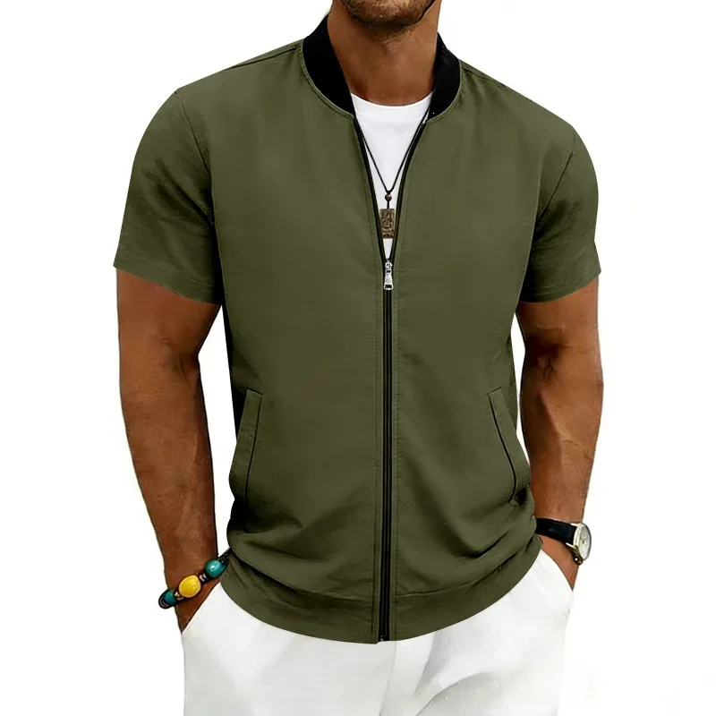 2026 American Summer Men's Stand Collar Thin Sports Short Sleeve Flight Zipper Baseball Jersey Jacket