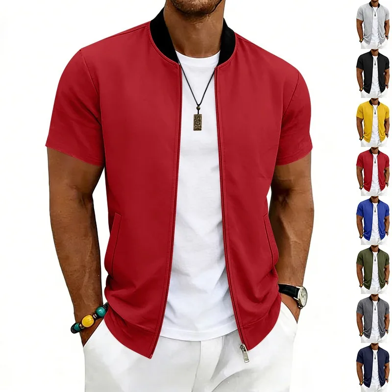 2026 American Summer Men's Stand Collar Thin Sports Short Sleeve Flight Zipper Baseball Jersey Jacket