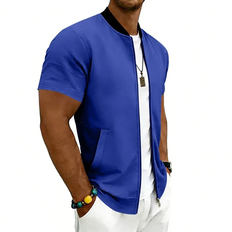 2026 American Summer Men's Stand Collar Thin Sports Short Sleeve Flight Zipper Baseball Jersey Jacket
