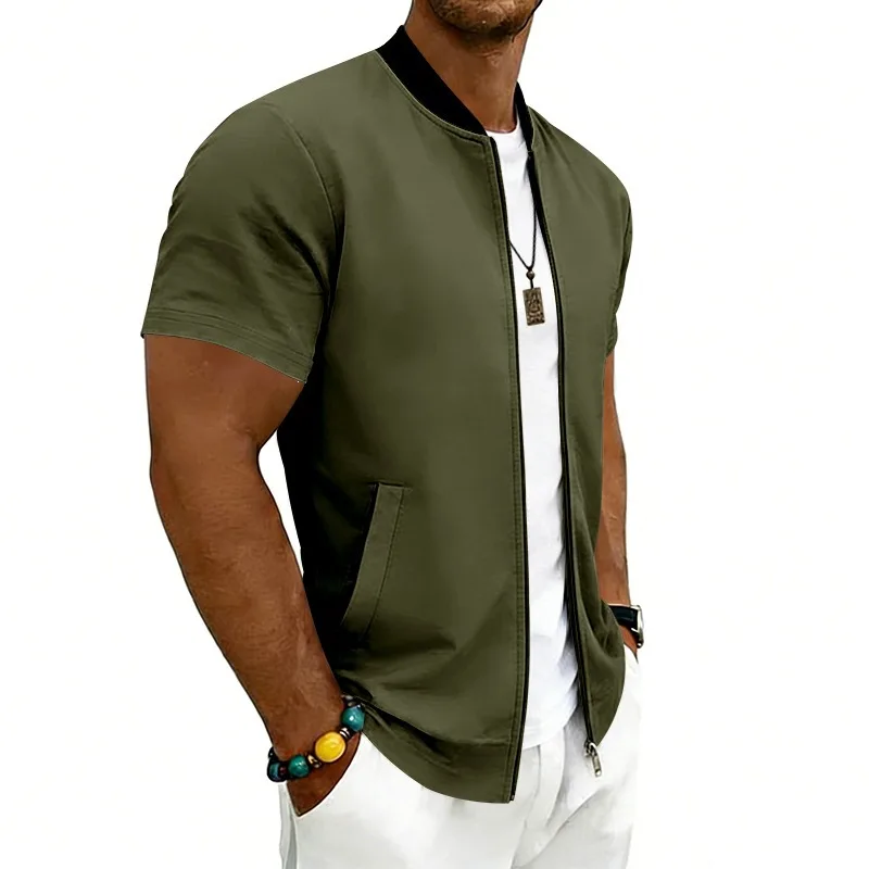 2026 American Summer Men's Stand Collar Thin Sports Short Sleeve Flight Zipper Baseball Jersey Jacket