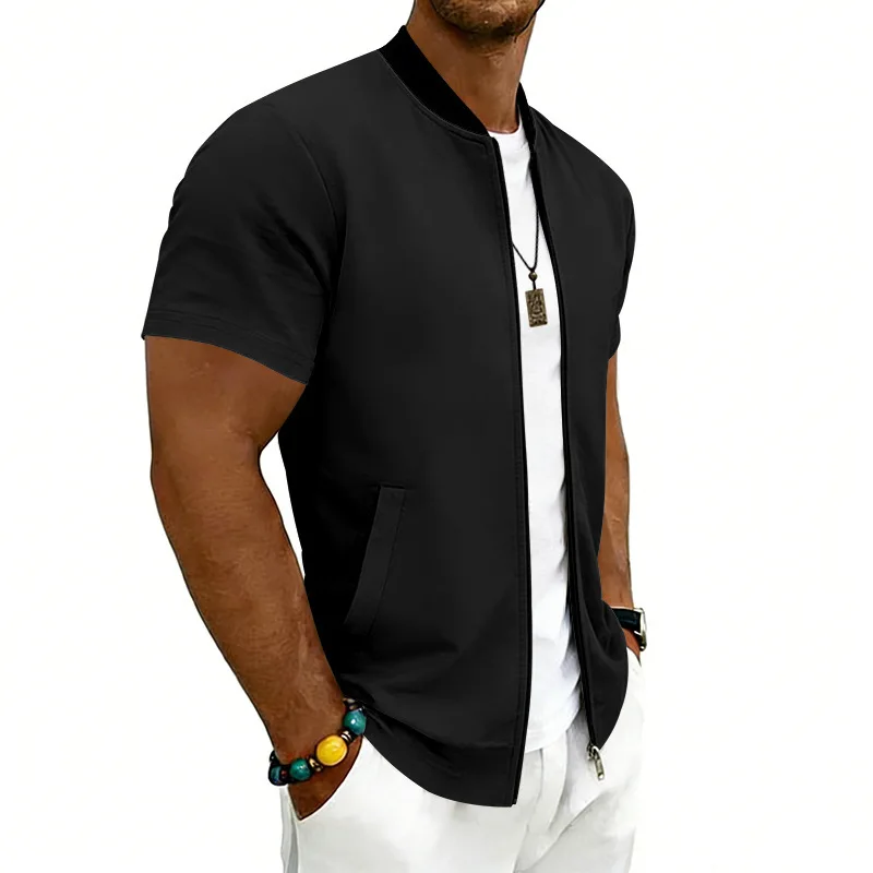 2026 American Summer Men's Stand Collar Thin Sports Short Sleeve Flight Zipper Baseball Jersey Jacket