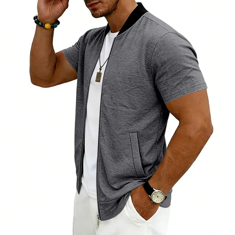 2026 American Summer Men's Stand Collar Thin Sports Short Sleeve Flight Zipper Baseball Jersey Jacket