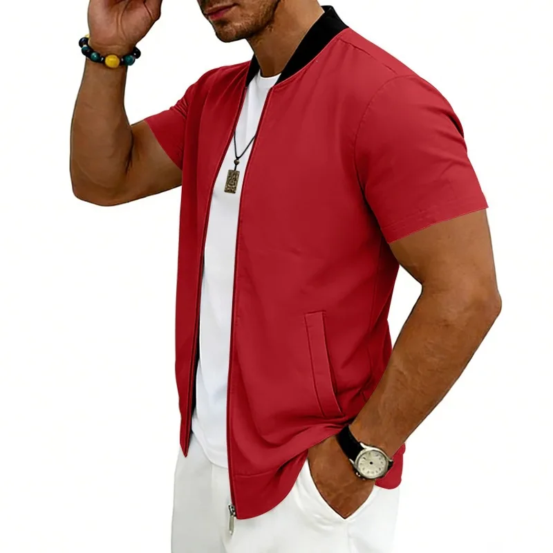 2026 American Summer Men's Stand Collar Thin Sports Short Sleeve Flight Zipper Baseball Jersey Jacket
