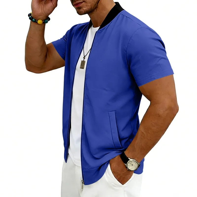 2026 American Summer Men's Stand Collar Thin Sports Short Sleeve Flight Zipper Baseball Jersey Jacket