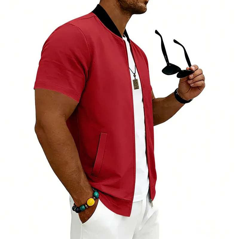 2026 American Summer Men's Stand Collar Thin Sports Short Sleeve Flight Zipper Baseball Jersey Jacket