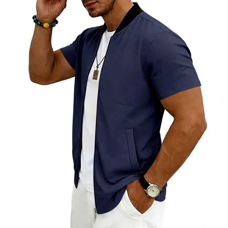 2026 American Summer Men's Stand Collar Thin Sports Short Sleeve Flight Zipper Baseball Jersey Jacket