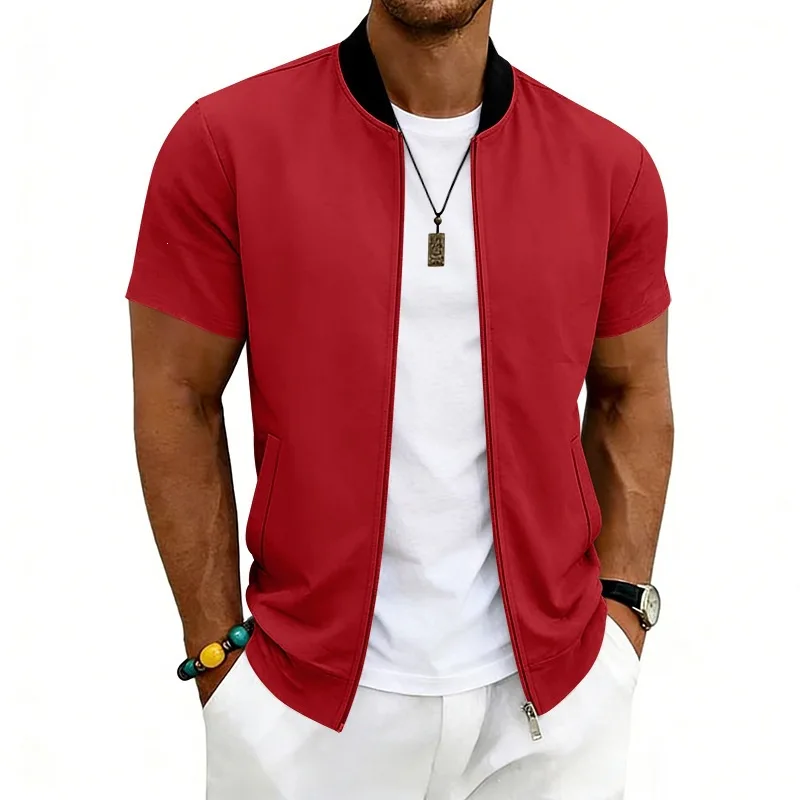 2026 American Summer Men's Stand Collar Thin Sports Short Sleeve Flight Zipper Baseball Jersey Jacket