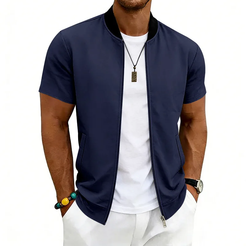 2026 American Summer Men's Stand Collar Thin Sports Short Sleeve Flight Zipper Baseball Jersey Jacket
