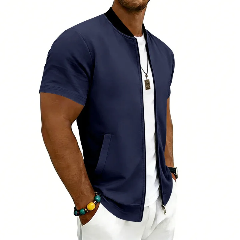 2026 American Summer Men's Stand Collar Thin Sports Short Sleeve Flight Zipper Baseball Jersey Jacket