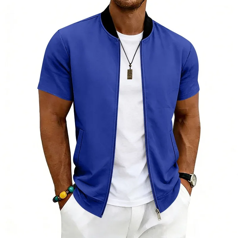 2026 American Summer Men's Stand Collar Thin Sports Short Sleeve Flight Zipper Baseball Jersey Jacket