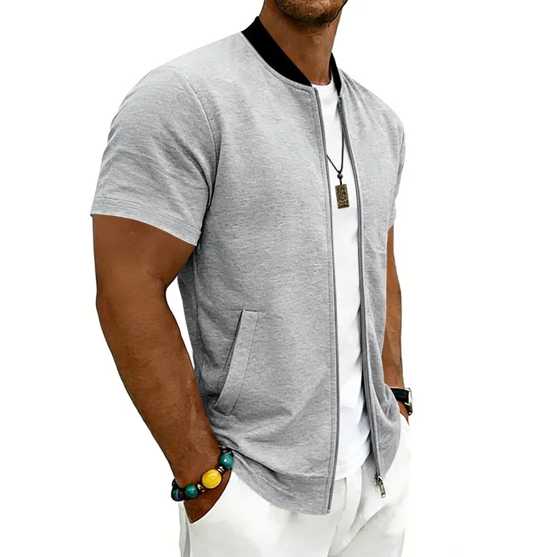 2026 American Summer Men's Stand Collar Thin Sports Short Sleeve Flight Zipper Baseball Jersey Jacket