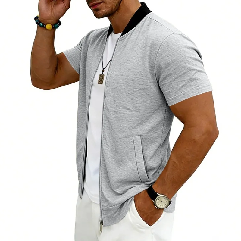 2026 American Summer Men's Stand Collar Thin Sports Short Sleeve Flight Zipper Baseball Jersey Jacket