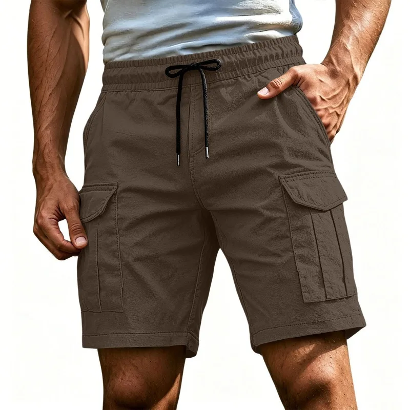 Men Solid Color Drawstring Cargo Shorts Elastic Waist Multi Pocket Loose Casual Summer Beach Short Pants