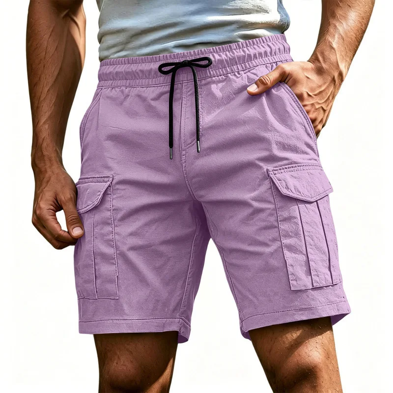 Men Solid Color Drawstring Cargo Shorts Elastic Waist Multi Pocket Loose Casual Summer Beach Short Pants