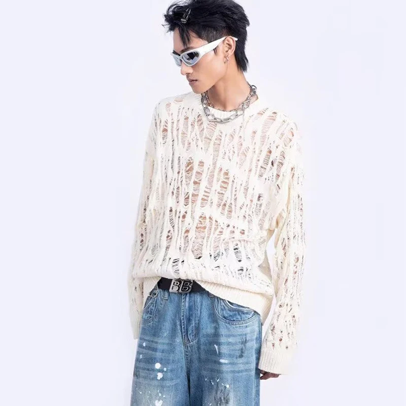 Vintage Ripped Hollow Out Mesh Knit Sweater Men Autumn Streetwear Fashion Crew Neck Long Sleeve Knitted T Shirt Men’s Clothing