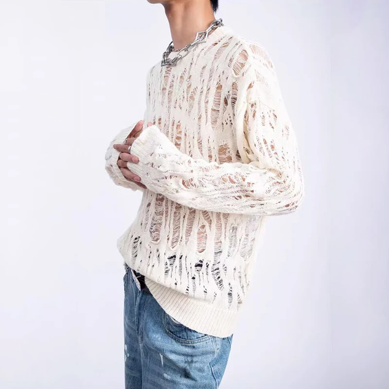 Vintage Ripped Hollow Out Mesh Knit Sweater Men Autumn Streetwear Fashion Crew Neck Long Sleeve Knitted T Shirt Men’s Clothing