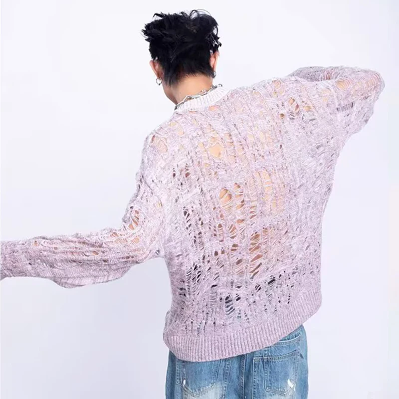 Vintage Ripped Hollow Out Mesh Knit Sweater Men Autumn Streetwear Fashion Crew Neck Long Sleeve Knitted T Shirt Men’s Clothing