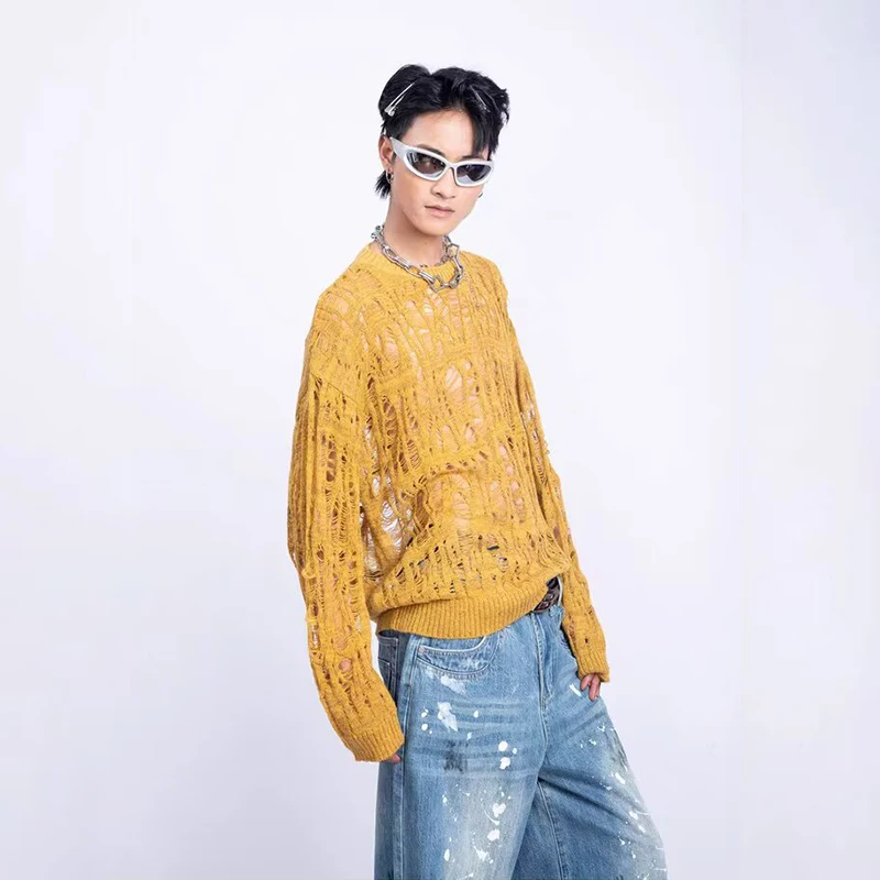 Vintage Ripped Hollow Out Mesh Knit Sweater Men Autumn Streetwear Fashion Crew Neck Long Sleeve Knitted T Shirt Men’s Clothing