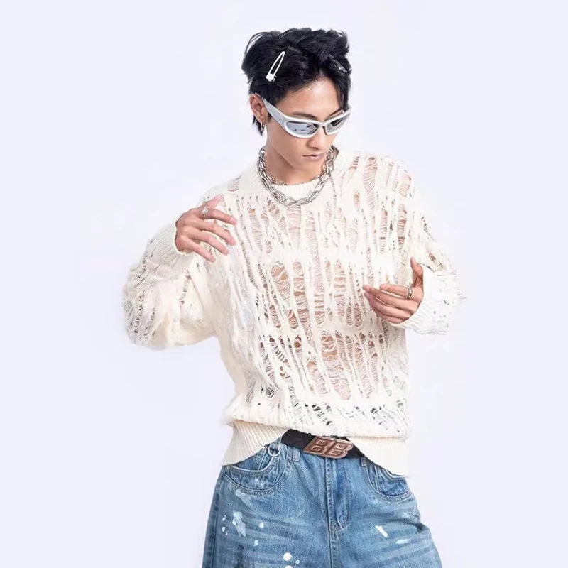 Vintage Ripped Hollow Out Mesh Knit Sweater Men Autumn Streetwear Fashion Crew Neck Long Sleeve Knitted T Shirt Men’s Clothing