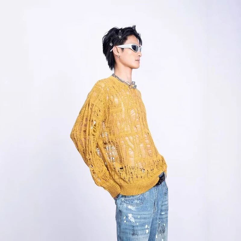 Vintage Ripped Hollow Out Mesh Knit Sweater Men Autumn Streetwear Fashion Crew Neck Long Sleeve Knitted T Shirt Men’s Clothing