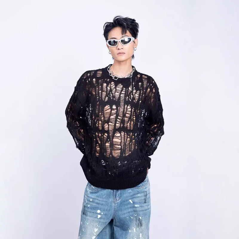 Vintage Ripped Hollow Out Mesh Knit Sweater Men Autumn Streetwear Fashion Crew Neck Long Sleeve Knitted T Shirt Men’s Clothing
