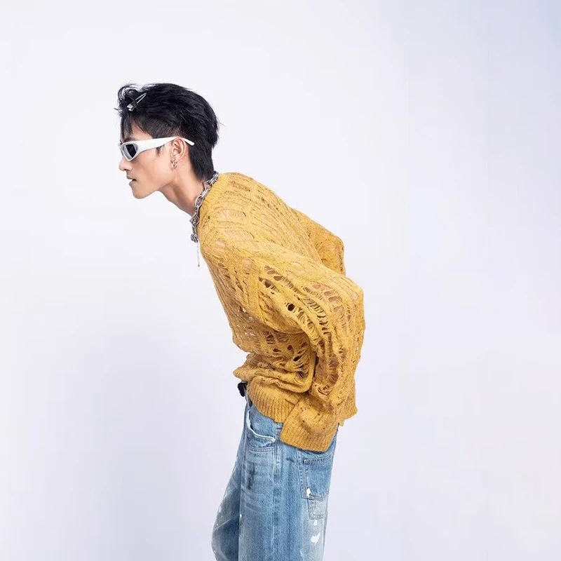 Vintage Ripped Hollow Out Mesh Knit Sweater Men Autumn Streetwear Fashion Crew Neck Long Sleeve Knitted T Shirt Men’s Clothing