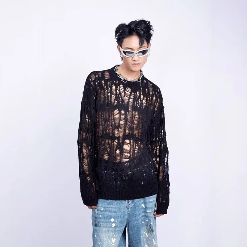 Vintage Ripped Hollow Out Mesh Knit Sweater Men Autumn Streetwear Fashion Crew Neck Long Sleeve Knitted T Shirt Men’s Clothing