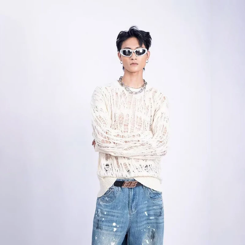 Vintage Ripped Hollow Out Mesh Knit Sweater Men Autumn Streetwear Fashion Crew Neck Long Sleeve Knitted T Shirt Men’s Clothing