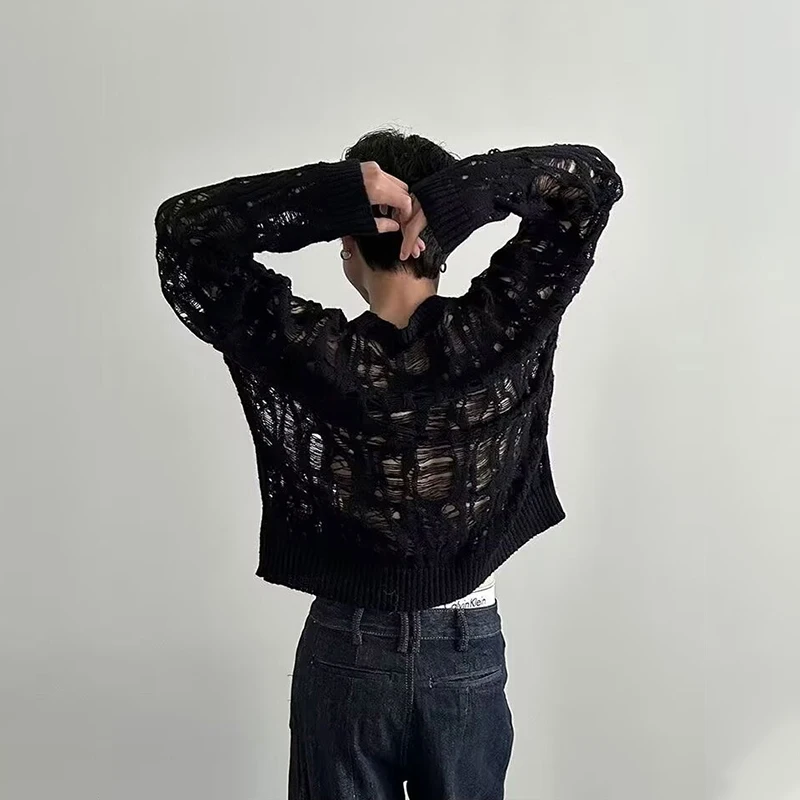 Vintage Ripped Hollow Out Mesh Knit Sweater Men Autumn Streetwear Fashion Crew Neck Long Sleeve Knitted T Shirt Men’s Clothing