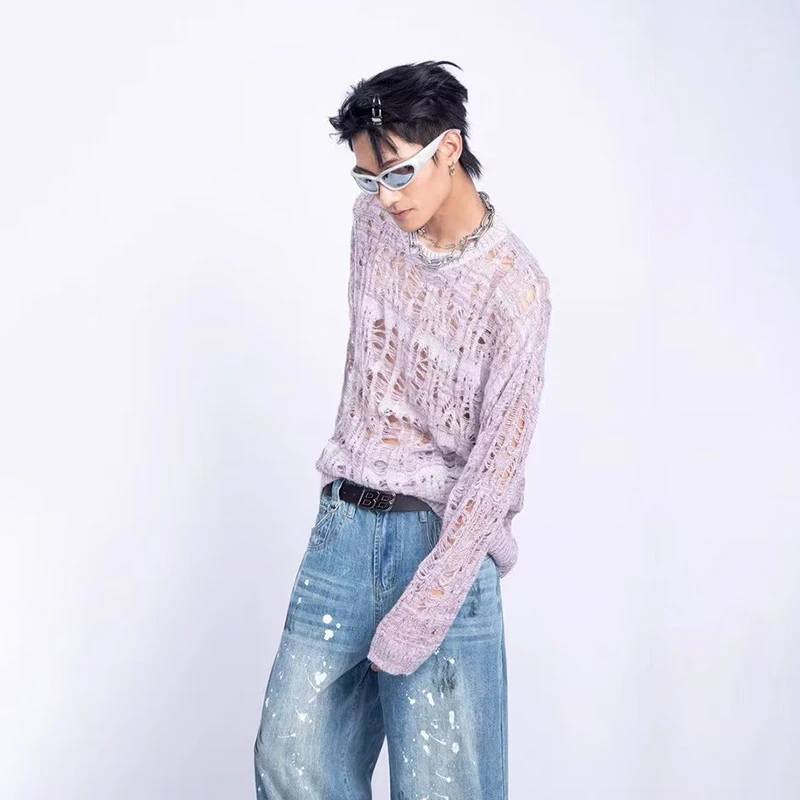 Vintage Ripped Hollow Out Mesh Knit Sweater Men Autumn Streetwear Fashion Crew Neck Long Sleeve Knitted T Shirt Men’s Clothing