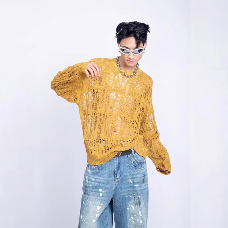 Vintage Ripped Hollow Out Mesh Knit Sweater Men Autumn Streetwear Fashion Crew Neck Long Sleeve Knitted T Shirt Men’s Clothing