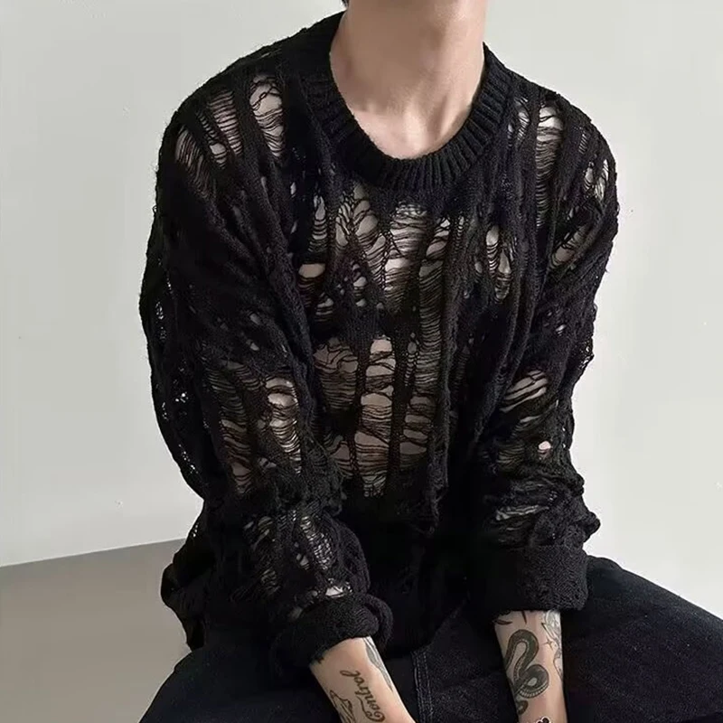 Vintage Ripped Hollow Out Mesh Knit Sweater Men Autumn Streetwear Fashion Crew Neck Long Sleeve Knitted T Shirt Men’s Clothing