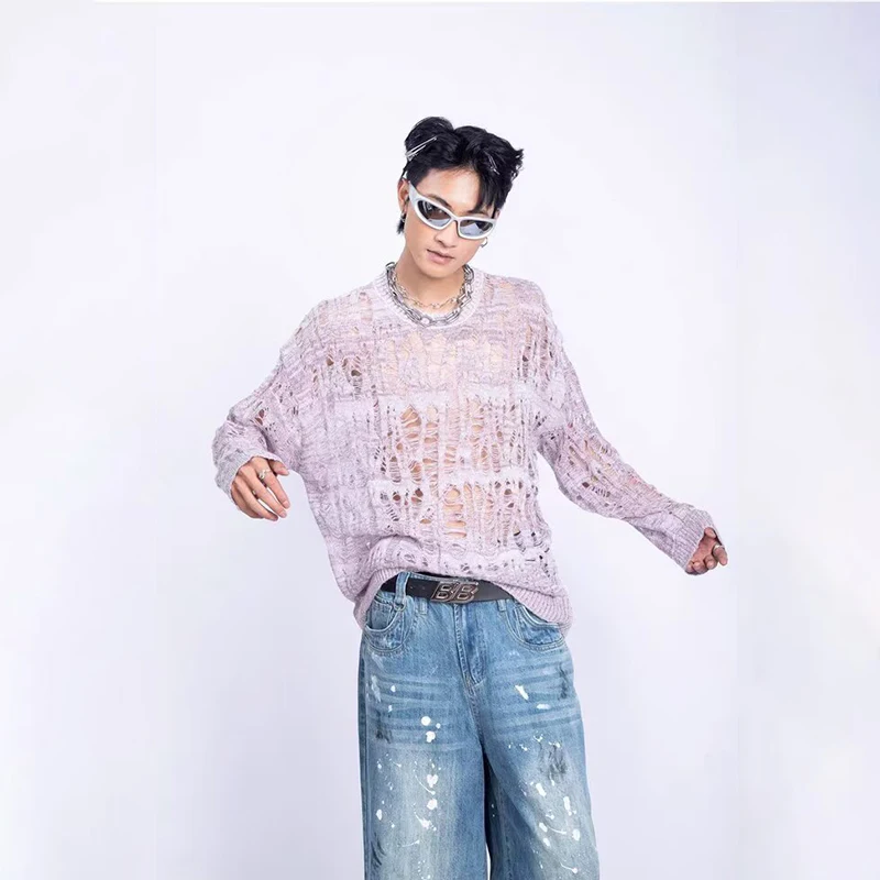 Vintage Ripped Hollow Out Mesh Knit Sweater Men Autumn Streetwear Fashion Crew Neck Long Sleeve Knitted T Shirt Men’s Clothing