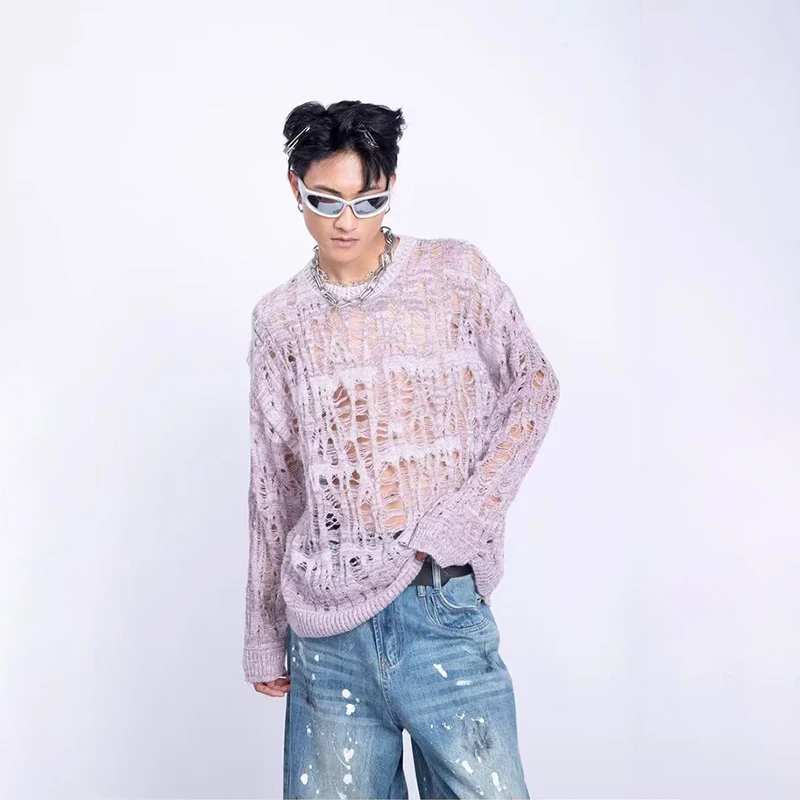 Vintage Ripped Hollow Out Mesh Knit Sweater Men Autumn Streetwear Fashion Crew Neck Long Sleeve Knitted T Shirt Men’s Clothing