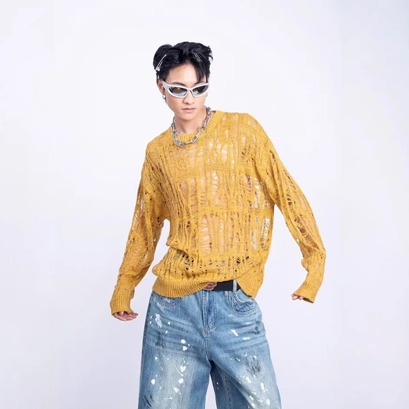 Vintage Ripped Hollow Out Mesh Knit Sweater Men Autumn Streetwear Fashion Crew Neck Long Sleeve Knitted T Shirt Men’s Clothing