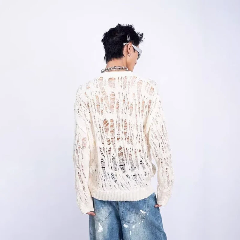 Vintage Ripped Hollow Out Mesh Knit Sweater Men Autumn Streetwear Fashion Crew Neck Long Sleeve Knitted T Shirt Men’s Clothing